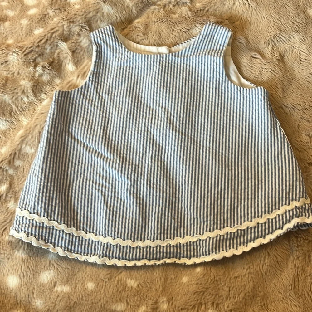 RuffleButts Girls Seersucker Ric Rac Open Back Swing Top size 6-12 months. - Picture 2 of 7